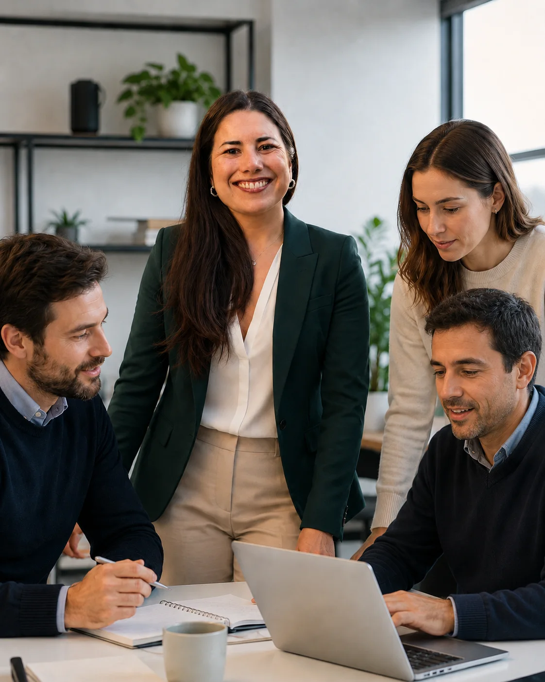 Equipo de IM trabajando alrededor de un computador y compartiendo ideas